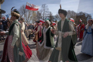 Poles Danced The Polish National Dance Polonaise On Krakowskie Przedmiescie In Warsaw, Poland, On April 12, 2025
