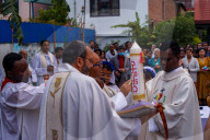 Catholic Faithful Light Candles At Easter Vigil Procession In Nepal.