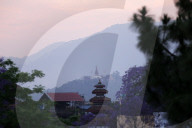 Spring Bloom- Sunset And Swoyambhunath Stupa In Nepal