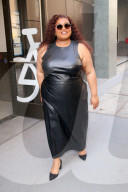 Da'Vine Joy Randolph is seen in a black leather dress outside Live with Kelly & Mark in New York City