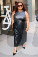 Da'Vine Joy Randolph is seen in a black leather dress outside Live with Kelly & Mark in New York City