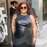 Da'Vine Joy Randolph is seen in a black leather dress outside Live with Kelly & Mark in New York City