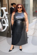 Da'Vine Joy Randolph is seen in a black leather dress outside Live with Kelly & Mark in New York City