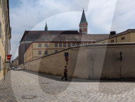 Man Walks A Small Dog Along A Cobblestone Street