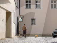 Man Walks A Small Dog Along A Cobblestone Street