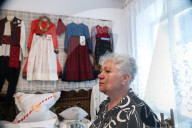 Collection of old Bulgarian towels, clothes and jewelry in Krynychne village