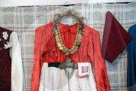 Collection of old Bulgarian towels, clothes and jewelry in Krynychne village
