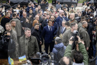 Ukrainian President Volodymyr Zelensky, French President Emmanuel Macron, And UK Prime Minister Keir Starmer Lay Flowers At The Wall Of Remembrance For Fallen Ukrainian Soldiers In Kyiv