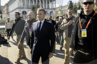 French President Emmanuel Macron, UK Prime Minister Keir Starmer, German Chancellor Friedrich Merz, Polish Prime Minister Donald Tusk, Ukrainian President Volodymyr Zelensky And First Lady Of Ukraine Olena Zelenska 