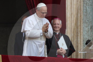 Pope Leo XIV recites the Regina Coeli prayer from the central loggia of St. Peter's Basilica