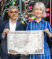 Sadiq Khan, Mayor of London, joins with music industry leaders to celebrate grassroots music with a first ever specially-designed Grassroots Music Tube map at Outernet, London, UK.