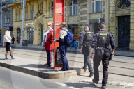 Czech Police Officers At Tram Stop