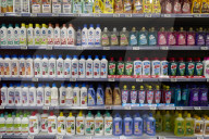 Household Cleaning Products On Supermarket Shelf In Italy
