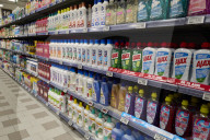 Household Cleaning Products On Supermarket Shelf In Italy