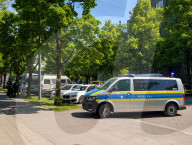 Police Operation With Flashing Blue Lights In Munich