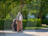 Woman With Stroller In Park