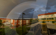 A Rainbow Appears Across The Sky  In Linköping, Sweden