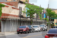 Protective Scaffolding Is Erected On Main Street In Brampton, Canada, Ahead Of Building Demolition.