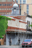 Protective Scaffolding Is Erected On Main Street In Brampton, Canada, Ahead Of Building Demolition.