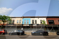 Protective Scaffolding Is Erected On Main Street In Brampton, Canada, Ahead Of Building Demolition.