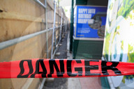 Protective Scaffolding Is Erected On Main Street In Brampton, Canada, Ahead Of Building Demolition.