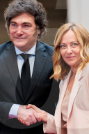 Italian Prime Minister Giorgia Meloni Welcomes President Of Repubblic Argentina Javier Milei At The Chigi Palace In Rome