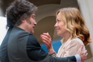 Italian Prime Minister Giorgia Meloni Welcomes President Of Repubblic Argentina Javier Milei At The Chigi Palace In Rome