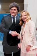 Italian Prime Minister Giorgia Meloni Welcomes President Of Repubblic Argentina Javier Milei At The Chigi Palace In Rome