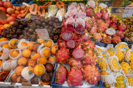Fruit And Vegetable Stalls At Outdoor Grocery Market