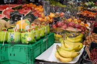 Fruit And Vegetable Stalls At Outdoor Grocery Market