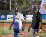 Dusty Baker Throws The Ceremonial First Pitch At Bryant Park In Marysville Calif
