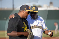 Dusty Baker Throws The Ceremonial First Pitch At Bryant Park In Marysville Calif
