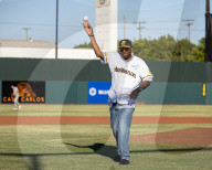 Dusty Baker Throws The Ceremonial First Pitch At Bryant Park In Marysville Calif
