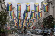 Pride Flags Regent Street in London, UK.