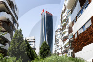 The Collapse Of The Generali Sign On The Hadid Tower, Home Of The Insurance Company, Collapsed On The Roof Of A Skyscraper 192 Meters High In The CityLife District In Milan