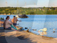 People Enjoy Summer By The Lake