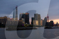 Skyscrapers In Pudong From Yangpu Hafen During Sunset