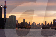 Skyscrapers In Pudong From Yangpu Hafen During Sunset