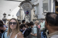 Superman costume on Manneken Pis for film premiere in Brussels, Belgium.