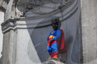 Superman costume on Manneken Pis for film premiere in Brussels, Belgium.