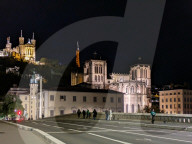 Illuminated Basilica Of Notre-Dame De Fourviere On Fourviere Hill In Lyon