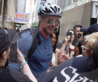 Hugh Jackman Spotted By Midtown Crowd Wearing Cycle Helmet In New York City - 18 Jul 2025