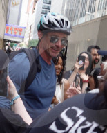 Hugh Jackman Spotted By Midtown Crowd Wearing Cycle Helmet In New York City - 18 Jul 2025