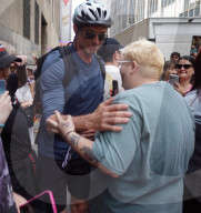 Hugh Jackman Spotted By Midtown Crowd Wearing Cycle Helmet In New York City - 18 Jul 2025