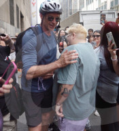 Hugh Jackman Spotted By Midtown Crowd Wearing Cycle Helmet In New York City - 18 Jul 2025