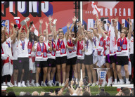 England's winning Women's Euro 2025 team homecoming parade in London, UK.