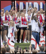 England's winning Women's Euro 2025 team homecoming parade in London, UK.
