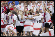 England's winning Women's Euro 2025 team homecoming parade in London, UK.