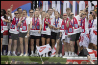 England's winning Women's Euro 2025 team homecoming parade in London, UK.