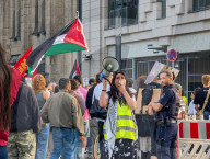 Woman With Megaphone At Pro-Palestinian Protest In Duesseldorf